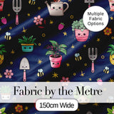 Cute Kawaii Garden Tools Bees Flowers Plants Navy Background Seamless Pattern Digital Print Fabric by the Metre UK Sewing Quilting Textile