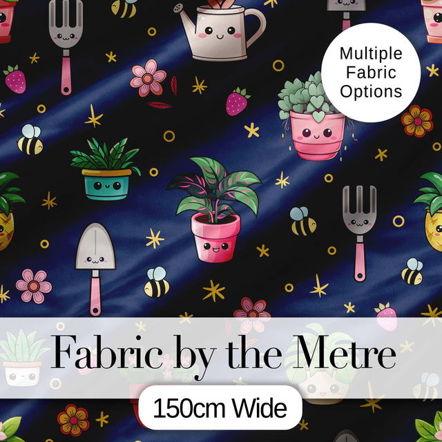 Cute Kawaii Garden Tools Bees Flowers Plants Navy Background Seamless Pattern Digital Print Fabric by the Metre UK Sewing Quilting Textile