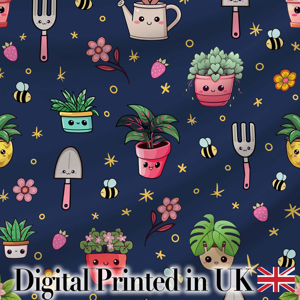Cute Kawaii Garden Tools Bees Flowers Plants Navy Background Seamless Pattern Digital Print Fabric by the Metre UK Sewing Quilting Textile