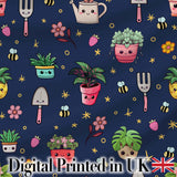 Cute Kawaii Garden Tools Bees Flowers Plants Navy Background Seamless Pattern Digital Print Fabric by the Metre UK Sewing Quilting Textile