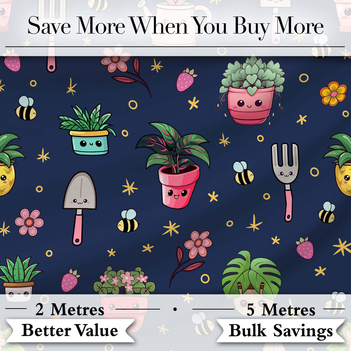 Cute Kawaii Garden Tools Bees Flowers Plants Navy Background Seamless Pattern Digital Print Fabric by the Metre UK Sewing Quilting Textile