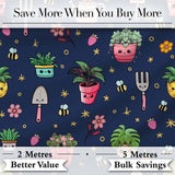 Cute Kawaii Garden Tools Bees Flowers Plants Navy Background Seamless Pattern Digital Print Fabric by the Metre UK Sewing Quilting Textile