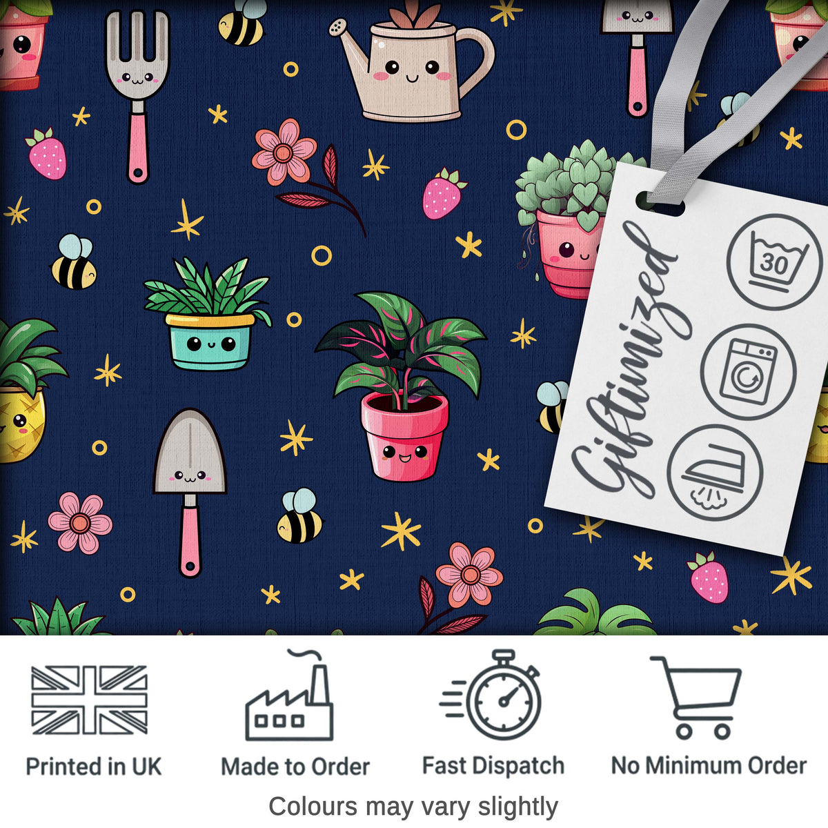 Cute Kawaii Garden Tools Bees Flowers Plants Navy Background Seamless Pattern Digital Print Fabric by the Metre UK Sewing Quilting Textile