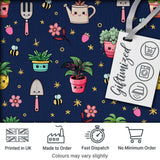 Cute Kawaii Garden Tools Bees Flowers Plants Navy Background Seamless Pattern Digital Print Fabric by the Metre UK Sewing Quilting Textile