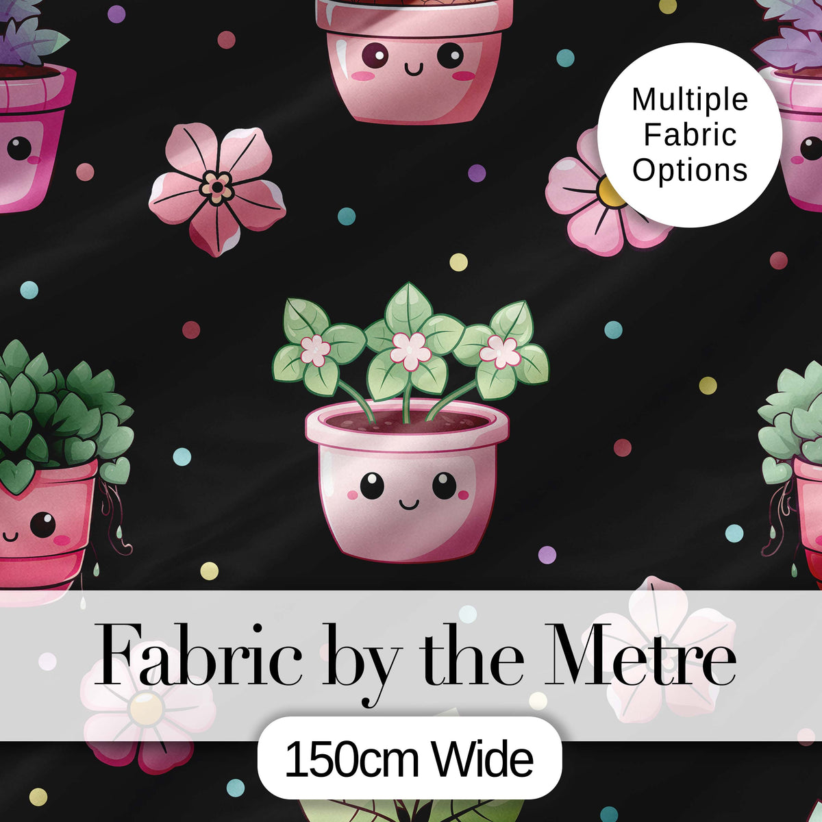 Cute Kawaii Flower Pots Blossom Black Background Seamless Pattern Digital Print Fabric by the Metre UK Sewing Quilting Textile