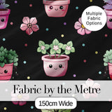 Cute Kawaii Flower Pots Blossom Black Background Seamless Pattern Digital Print Fabric by the Metre UK Sewing Quilting Textile
