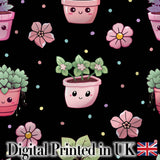 Cute Kawaii Flower Pots Blossom Black Background Seamless Pattern Digital Print Fabric by the Metre UK Sewing Quilting Textile