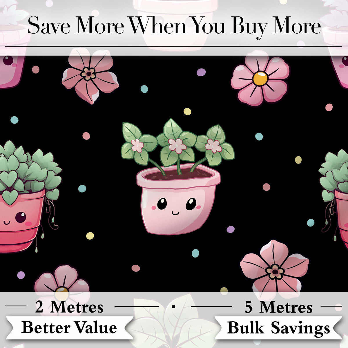 Cute Kawaii Flower Pots Blossom Black Background Seamless Pattern Digital Print Fabric by the Metre UK Sewing Quilting Textile