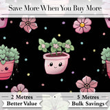 Cute Kawaii Flower Pots Blossom Black Background Seamless Pattern Digital Print Fabric by the Metre UK Sewing Quilting Textile