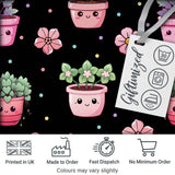 Cute Kawaii Flower Pots Blossom Black Background Seamless Pattern Digital Print Fabric by the Metre UK Sewing Quilting Textile