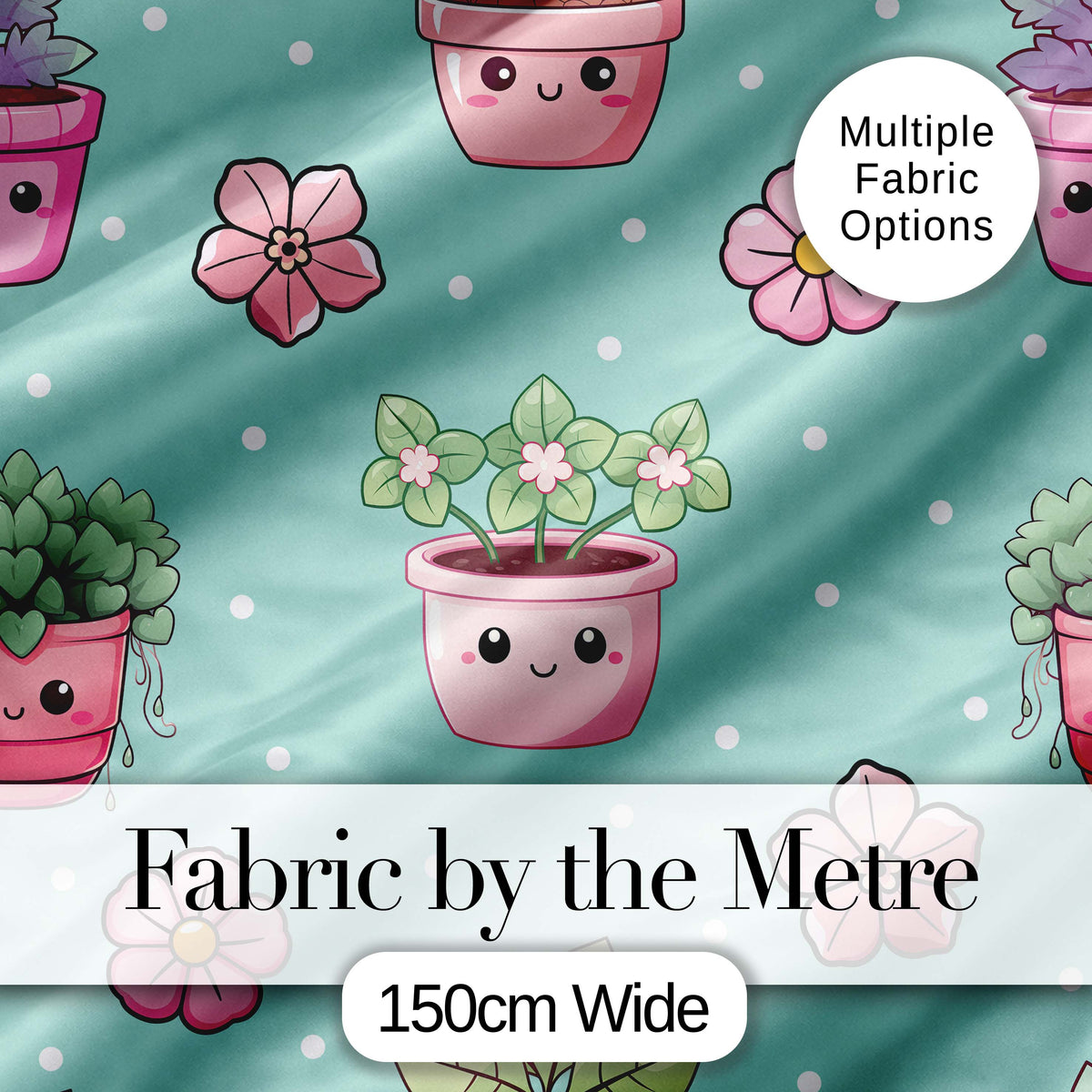 Cute Kawaii Flower Pots Blossom Mint Background Seamless Pattern Digital Print Fabric by the Metre UK Sewing Quilting Textile