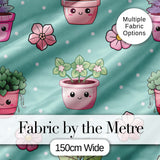 Cute Kawaii Flower Pots Blossom Mint Background Seamless Pattern Digital Print Fabric by the Metre UK Sewing Quilting Textile