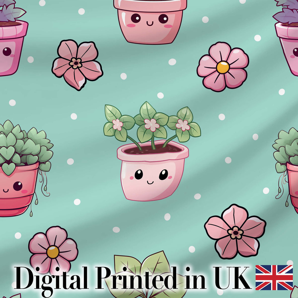 Cute Kawaii Flower Pots Blossom Mint Background Seamless Pattern Digital Print Fabric by the Metre UK Sewing Quilting Textile