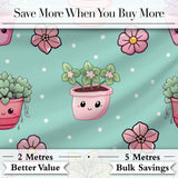 Cute Kawaii Flower Pots Blossom Mint Background Seamless Pattern Digital Print Fabric by the Metre UK Sewing Quilting Textile