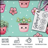 Cute Kawaii Flower Pots Blossom Mint Background Seamless Pattern Digital Print Fabric by the Metre UK Sewing Quilting Textile