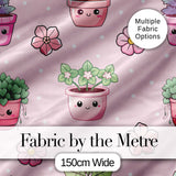 Cute Kawaii Flower Pots Blossom Pink Background Seamless Pattern Digital Print Fabric by the Metre UK Sewing Quilting Textile