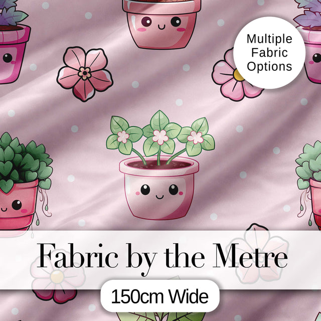 Cute Kawaii Flower Pots Blossom Pink Background Seamless Pattern Digital Print Fabric by the Metre UK Sewing Quilting Textile