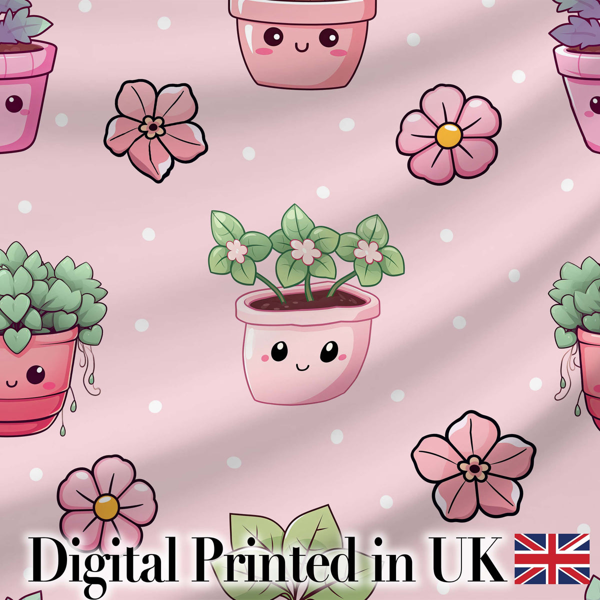 Cute Kawaii Flower Pots Blossom Pink Background Seamless Pattern Digital Print Fabric by the Metre UK Sewing Quilting Textile