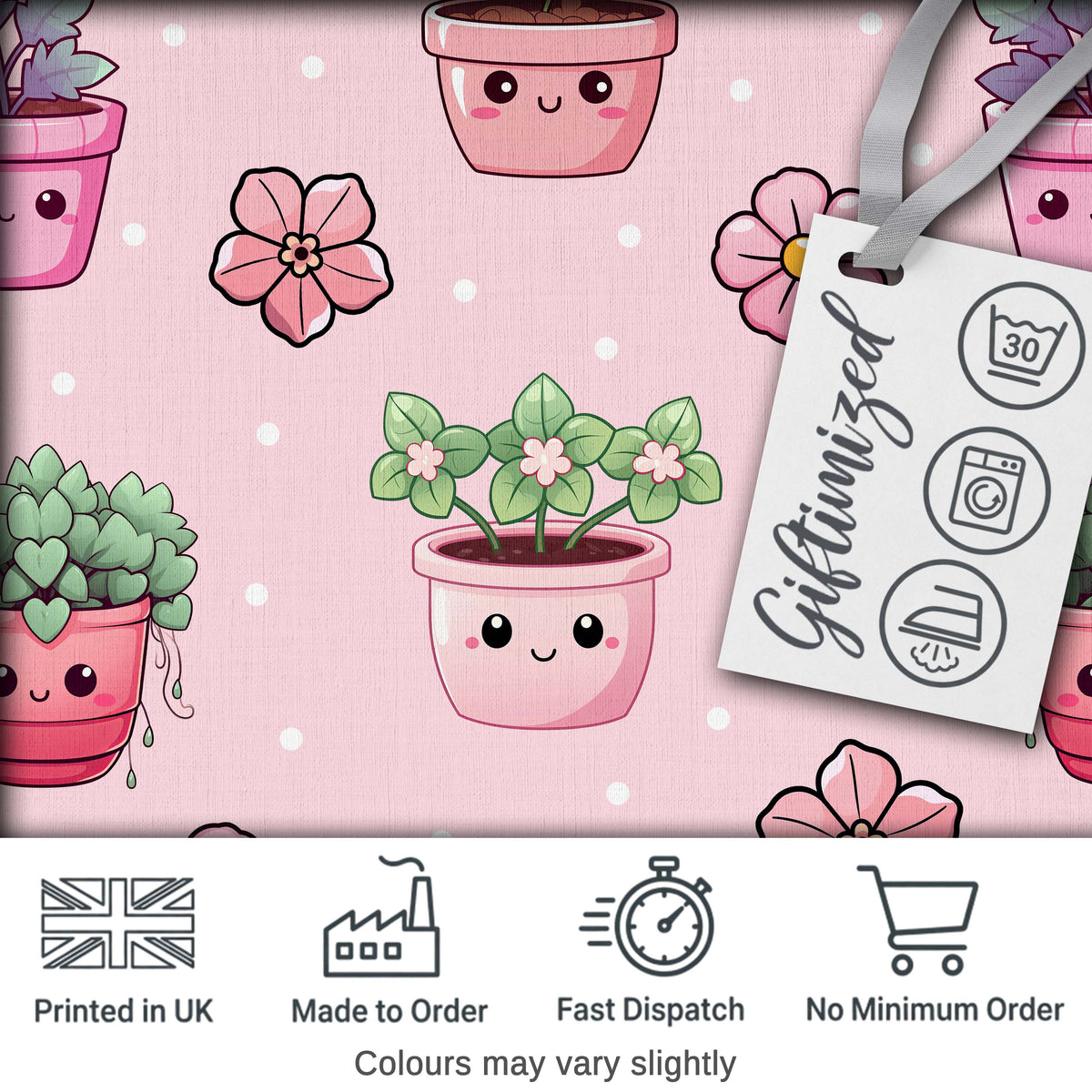 Cute Kawaii Flower Pots Blossom Pink Background Seamless Pattern Digital Print Fabric by the Metre UK Sewing Quilting Textile