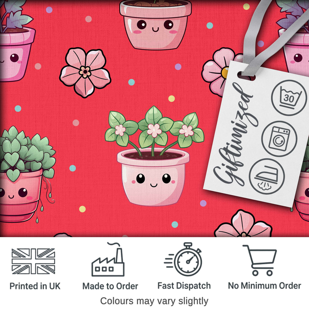 Cute Kawaii Flower Pots Blossom Red Background Seamless Pattern Digital Print Fabric by the Metre UK Sewing Quilting Textile