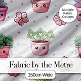 Cute Kawaii Flower Pots Blossom Grey Background Seamless Pattern Digital Print Fabric by the Metre UK Sewing Quilting Textile