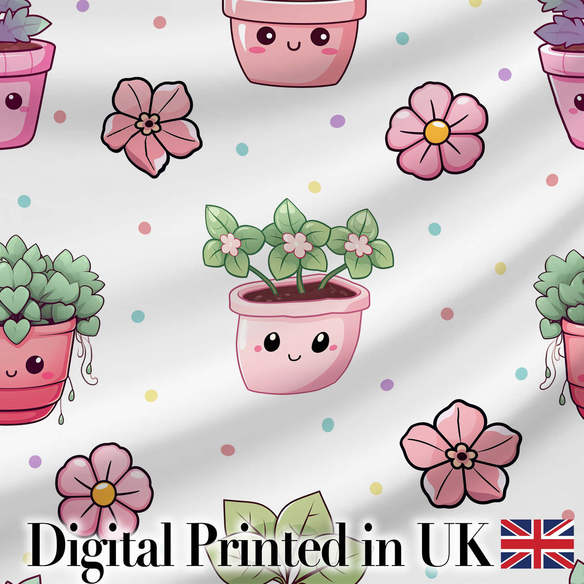 Cute Kawaii Flower Pots Blossom Grey Background Seamless Pattern Digital Print Fabric by the Metre UK Sewing Quilting Textile