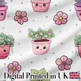 Cute Kawaii Flower Pots Blossom Grey Background Seamless Pattern Digital Print Fabric by the Metre UK Sewing Quilting Textile