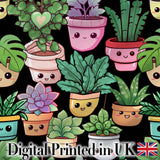 Cute Kawaii Indoor House Plants Black Background Seamless Pattern Digital Print Fabric by the Metre UK Sewing Quilting Textile
