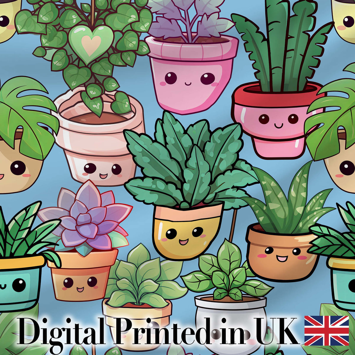 Cute Kawaii Indoor House Plants Blue Background Seamless Pattern Digital Print Fabric by the Metre UK Sewing Quilting Textile
