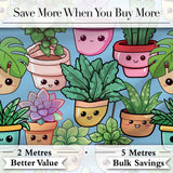 Cute Kawaii Indoor House Plants Blue Background Seamless Pattern Digital Print Fabric by the Metre UK Sewing Quilting Textile
