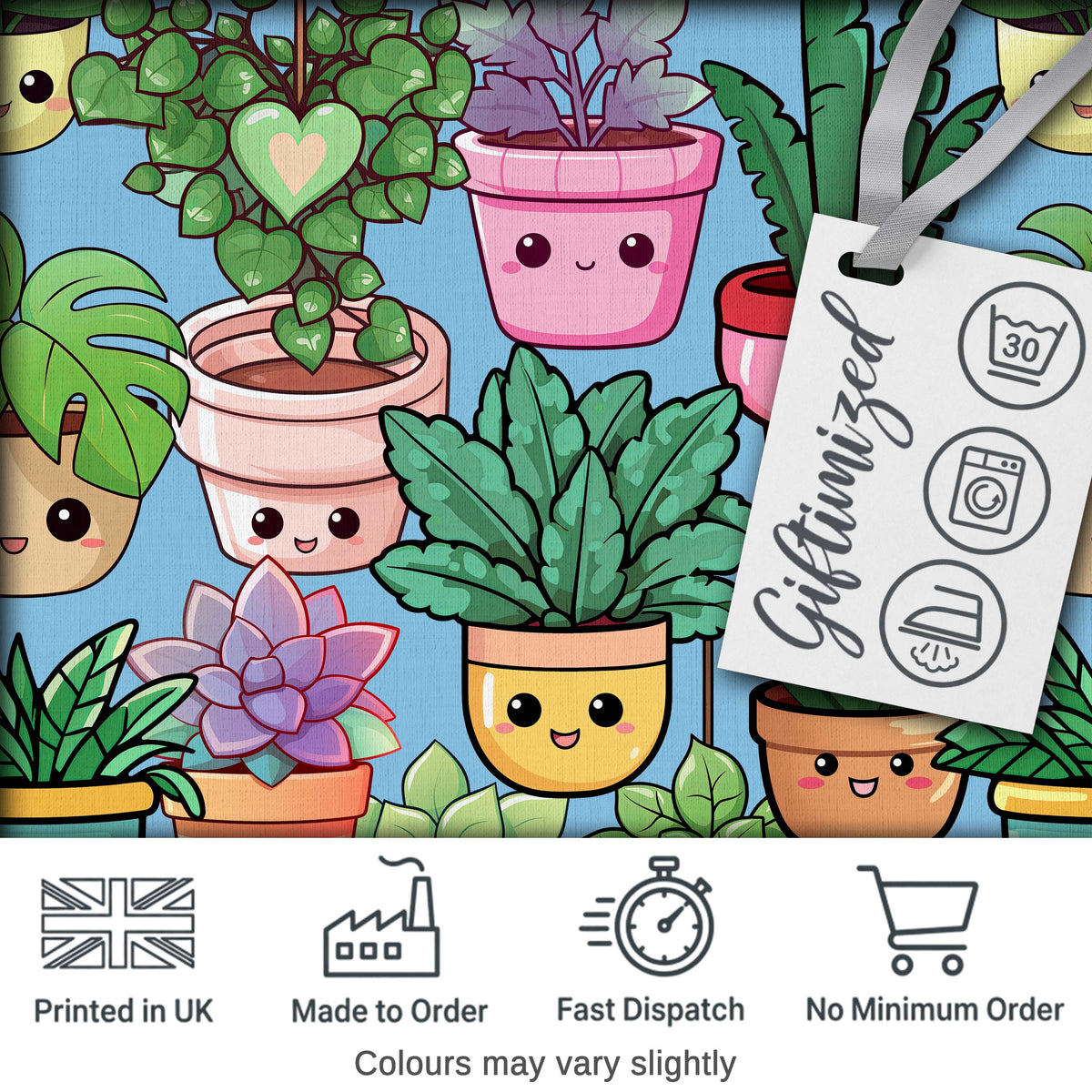 Cute Kawaii Indoor House Plants Blue Background Seamless Pattern Digital Print Fabric by the Metre UK Sewing Quilting Textile
