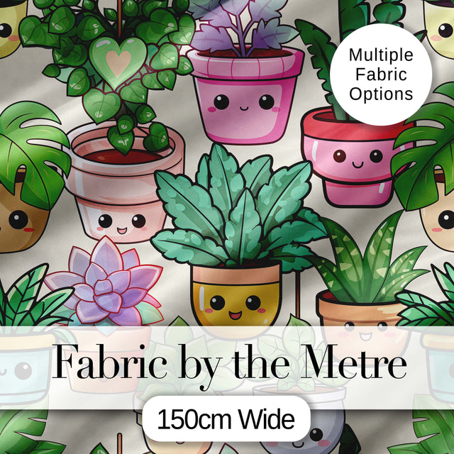 Cute Kawaii Indoor House Plants Cream Background Seamless Pattern Digital Print Fabric by the Metre UK Sewing Quilting Textile