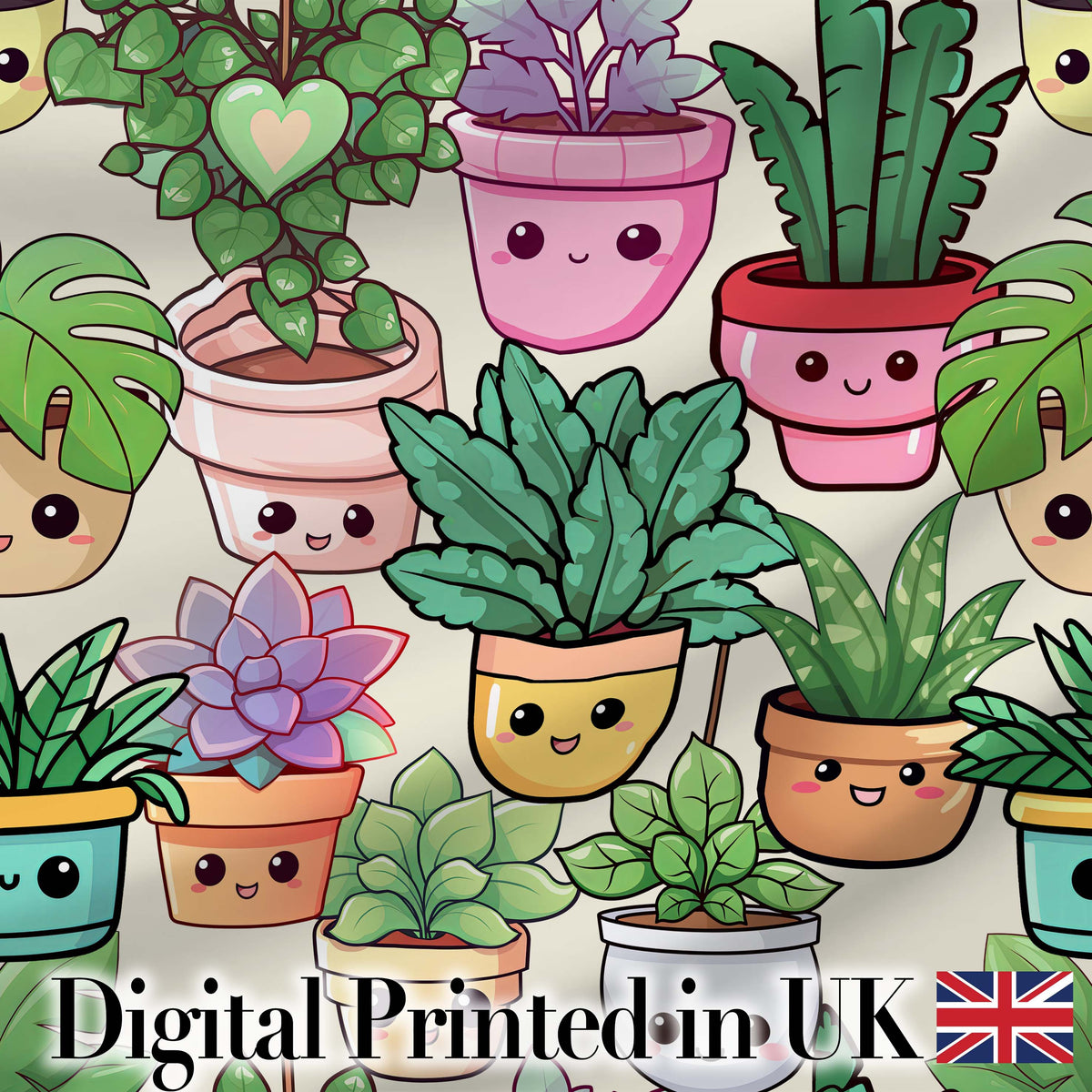Cute Kawaii Indoor House Plants Cream Background Seamless Pattern Digital Print Fabric by the Metre UK Sewing Quilting Textile