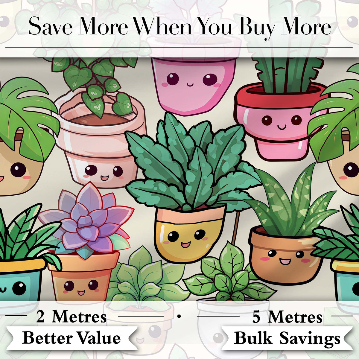 Cute Kawaii Indoor House Plants Cream Background Seamless Pattern Digital Print Fabric by the Metre UK Sewing Quilting Textile