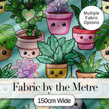 Cute Kawaii Indoor House Plants Mint Background Seamless Pattern Digital Print Fabric by the Metre UK Sewing Quilting Textile