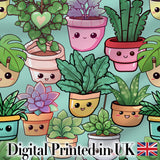 Cute Kawaii Indoor House Plants Mint Background Seamless Pattern Digital Print Fabric by the Metre UK Sewing Quilting Textile