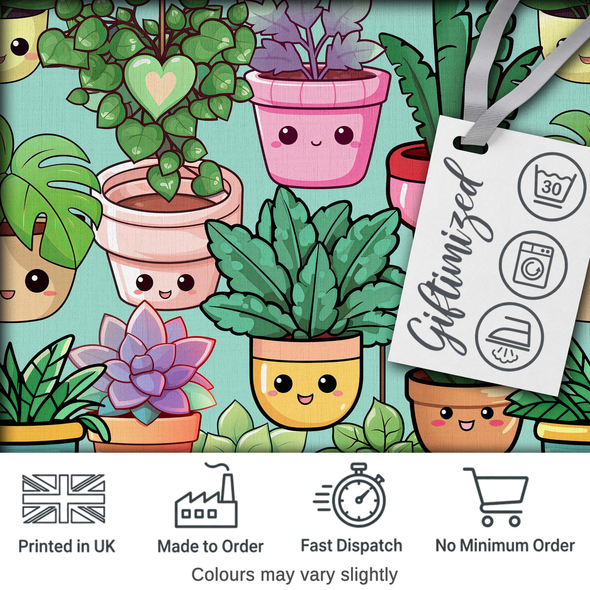 Cute Kawaii Indoor House Plants Mint Background Seamless Pattern Digital Print Fabric by the Metre UK Sewing Quilting Textile