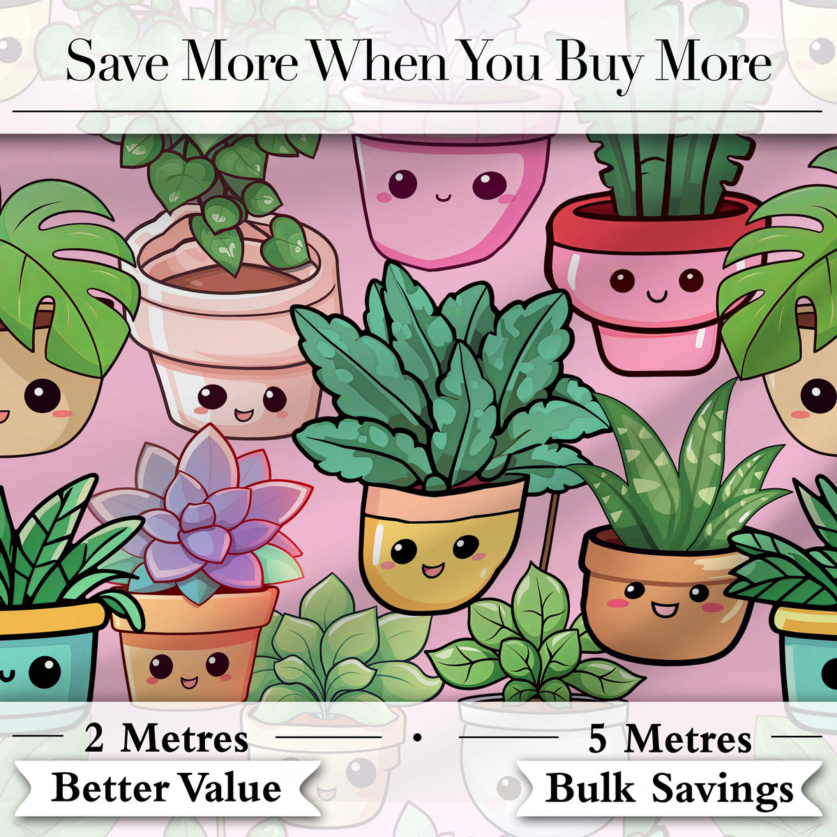 Cute Kawaii Indoor House Plants Pink Background Seamless Pattern Digital Print Fabric by the Metre UK Sewing Quilting Textile