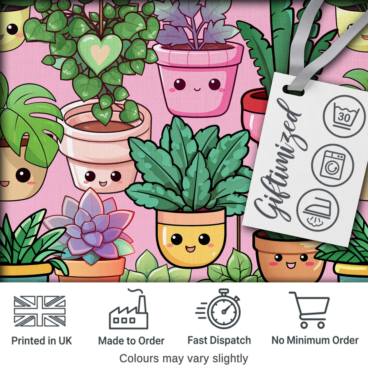 Cute Kawaii Indoor House Plants Pink Background Seamless Pattern Digital Print Fabric by the Metre UK Sewing Quilting Textile