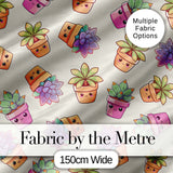 Cute Kawaii Succulent Plant Pots Light Grey Background Seamless Pattern Digital Print Fabric by the Metre UK Sewing Quilting Textile