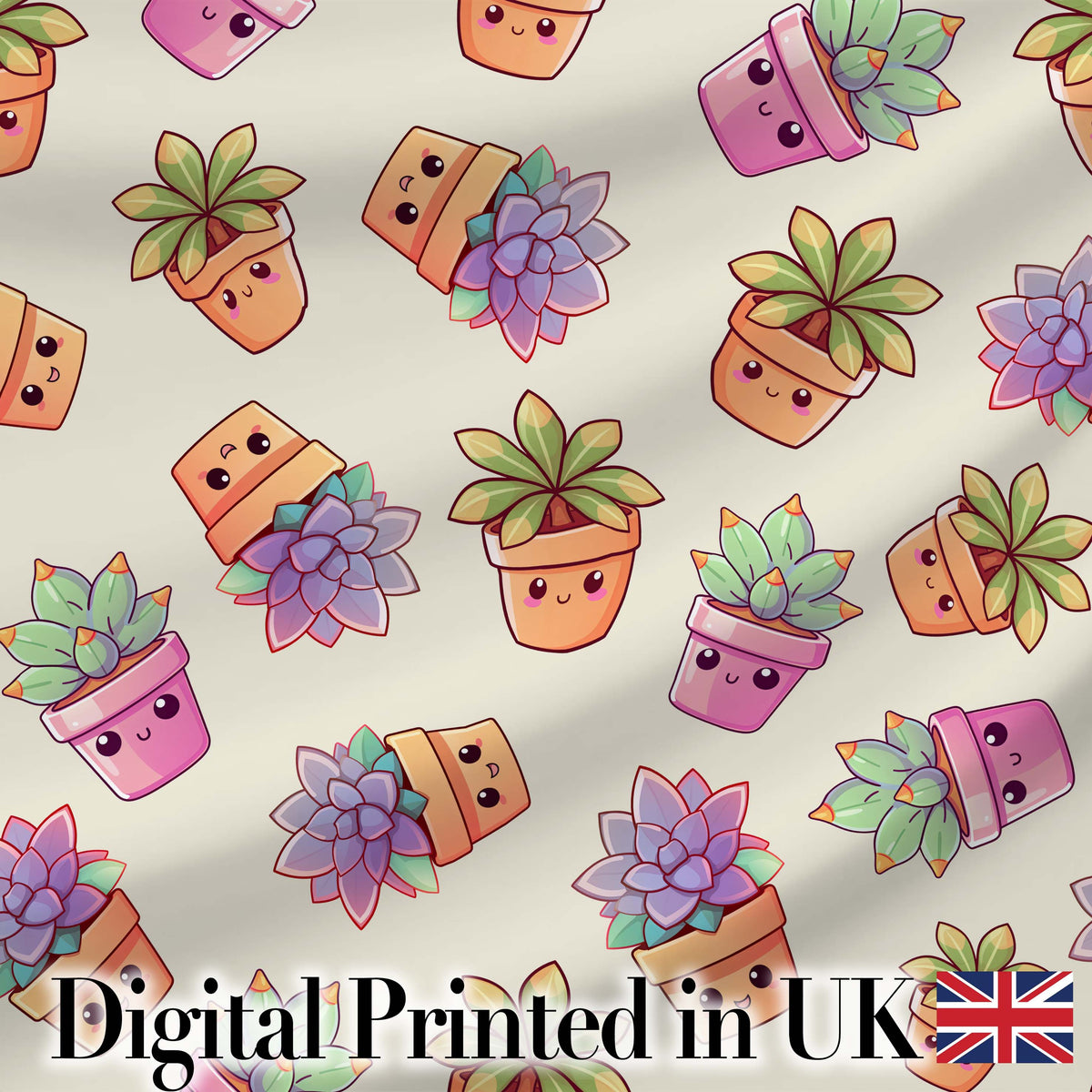 Cute Kawaii Succulent Plant Pots Light Grey Background Seamless Pattern Digital Print Fabric by the Metre UK Sewing Quilting Textile
