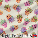 Cute Kawaii Succulent Plant Pots Light Grey Background Seamless Pattern Digital Print Fabric by the Metre UK Sewing Quilting Textile