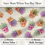 Cute Kawaii Succulent Plant Pots Light Grey Background Seamless Pattern Digital Print Fabric by the Metre UK Sewing Quilting Textile