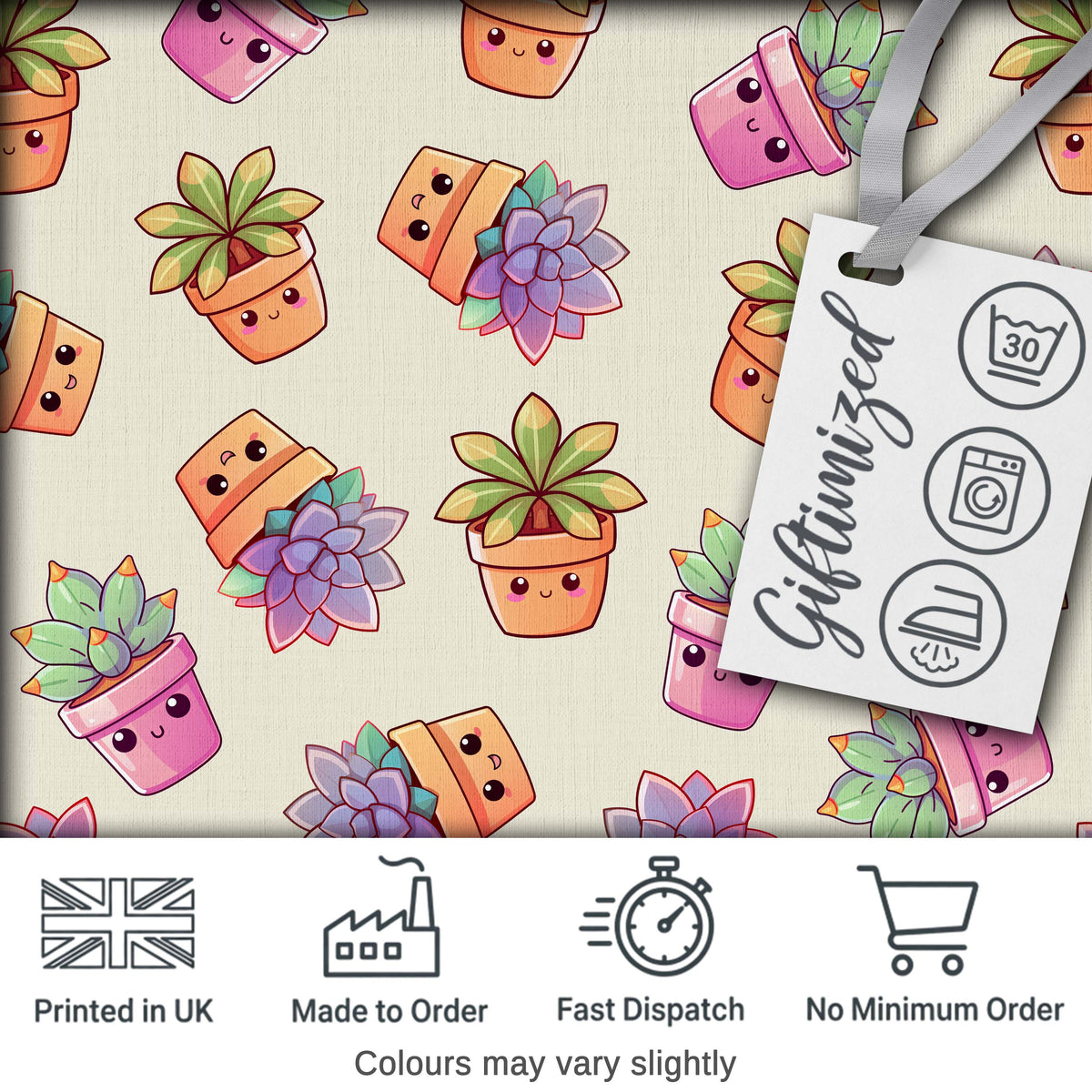 Cute Kawaii Succulent Plant Pots Light Grey Background Seamless Pattern Digital Print Fabric by the Metre UK Sewing Quilting Textile