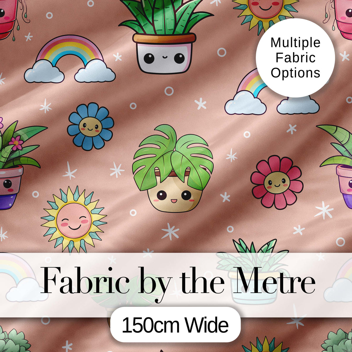 Cute Kawaii Tropical Plants Rainbow Sun Peach Background Seamless Pattern Digital Print Fabric by the Metre UK Sewing Quilting Textile