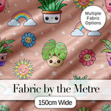 Cute Kawaii Tropical Plants Rainbow Sun Peach Background Seamless Pattern Digital Print Fabric by the Metre UK Sewing Quilting Textile