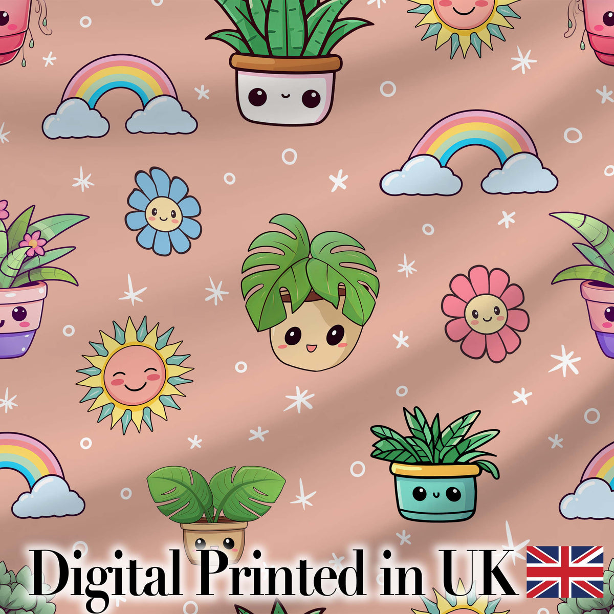 Cute Kawaii Tropical Plants Rainbow Sun Peach Background Seamless Pattern Digital Print Fabric by the Metre UK Sewing Quilting Textile