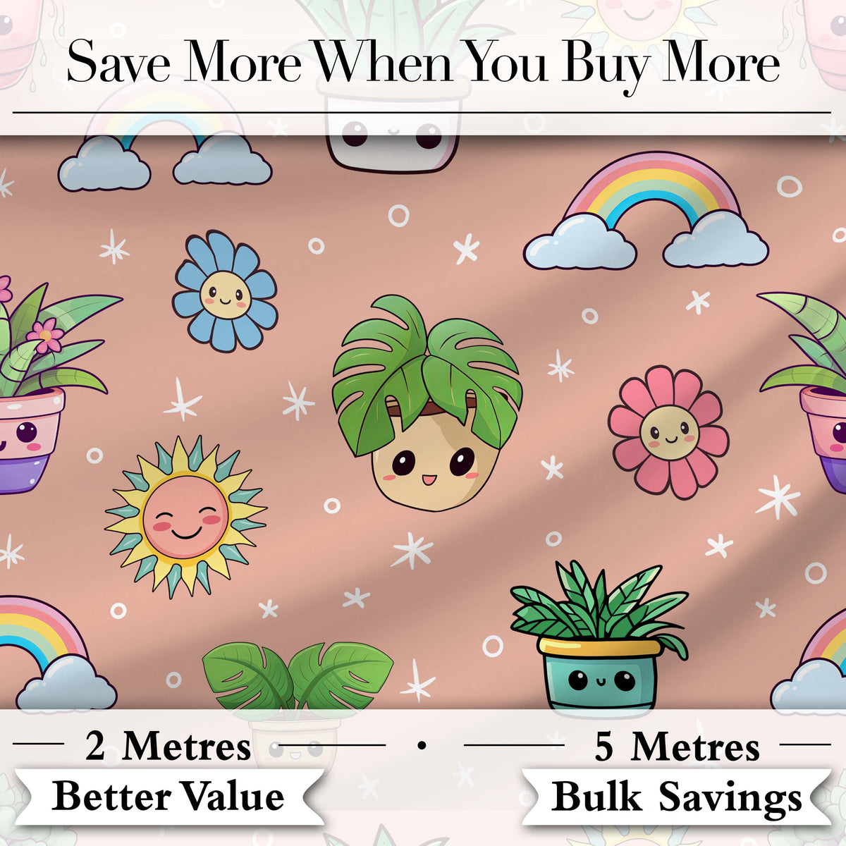 Cute Kawaii Tropical Plants Rainbow Sun Peach Background Seamless Pattern Digital Print Fabric by the Metre UK Sewing Quilting Textile