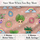 Cute Kawaii Tropical Plants Rainbow Sun Peach Background Seamless Pattern Digital Print Fabric by the Metre UK Sewing Quilting Textile