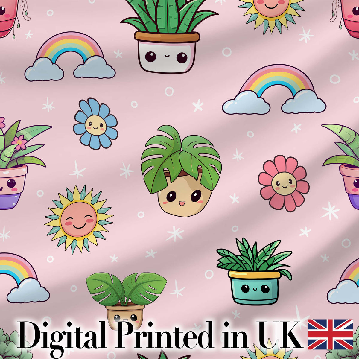 Cute Kawaii Tropical Plants Rainbow Sun Soft Pink Background Seamless Pattern Digital Print Fabric by the Metre UK Sewing Quilting Textile